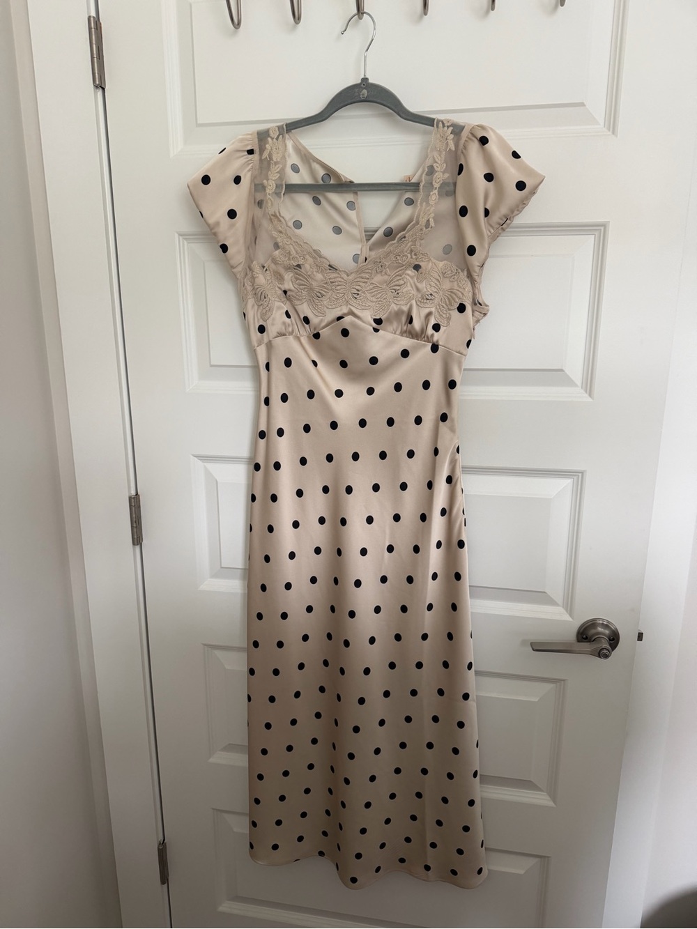 Camila Coelho Beige Satin Polka Dot Lace-Trim Midi Dress
